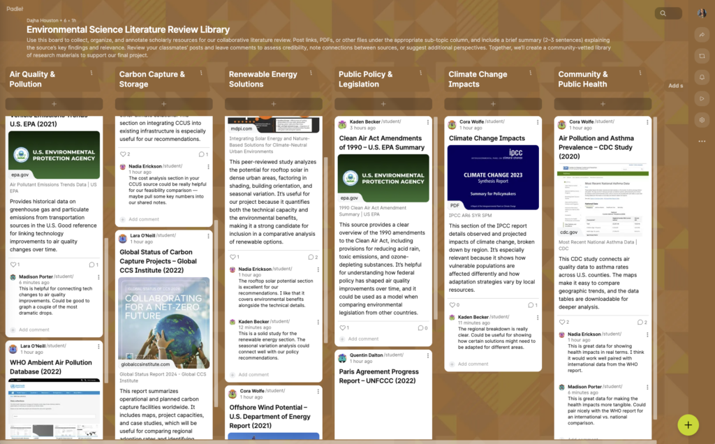 Padlet in Columns format showing grouped resources and notes for different sub-topics in a research project.
